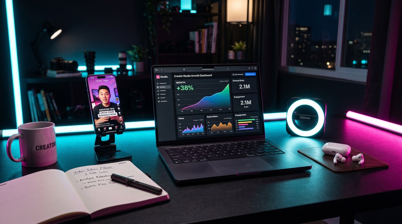 A content creator's desk at night with a laptop showing a growth dashboard