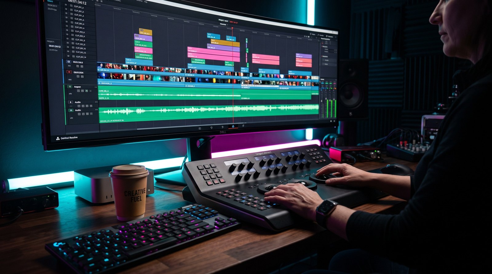 A workspace with a large monitor showing organized work in progress